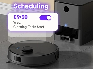 Text reads 'Scheduling' with '09:30' time display. Dark product images showing what appears to be a robotic device with scheduling interface.