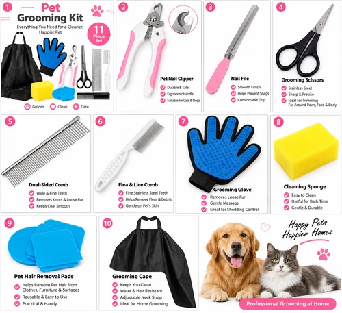 11pc Pet Grooming Kit Dog Cat Nail Clippers Scissors Comb Glove Bath Care Set - Picture 5 of 9