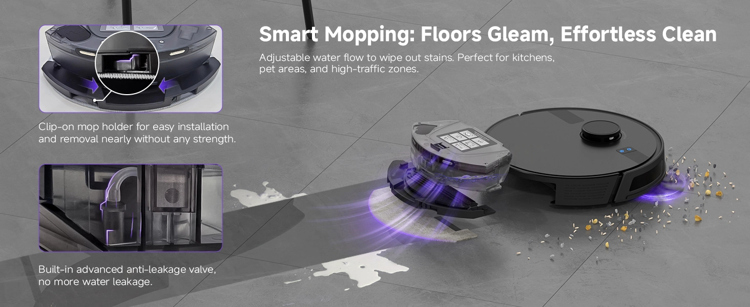Text reads 'Smart Mapping: Floors Gleam, Effortless Clean'. Robot vacuum cleaner demonstration on dark floor with illuminated cleaning path.