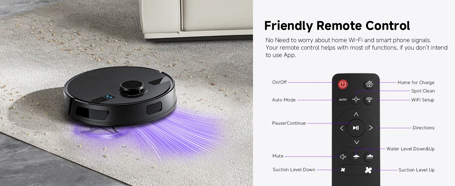 Text reads 'Friendly Remote Control'. Composite image showing robotic vacuum cleaner with purple LED lighting and its remote control interface with multiple buttons for operation.