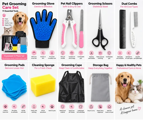 11pc Pet Grooming Kit Dog Cat Nail Clippers Scissors Comb Glove Bath Care Set - Picture 7 of 9