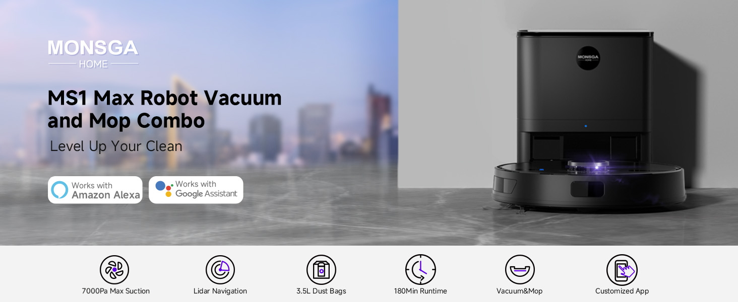 Text reads 'MONDCA' and 'M51 Max Robot Vacuum'. Product showcase of a black robot vacuum cleaner with multiple control icons displayed.