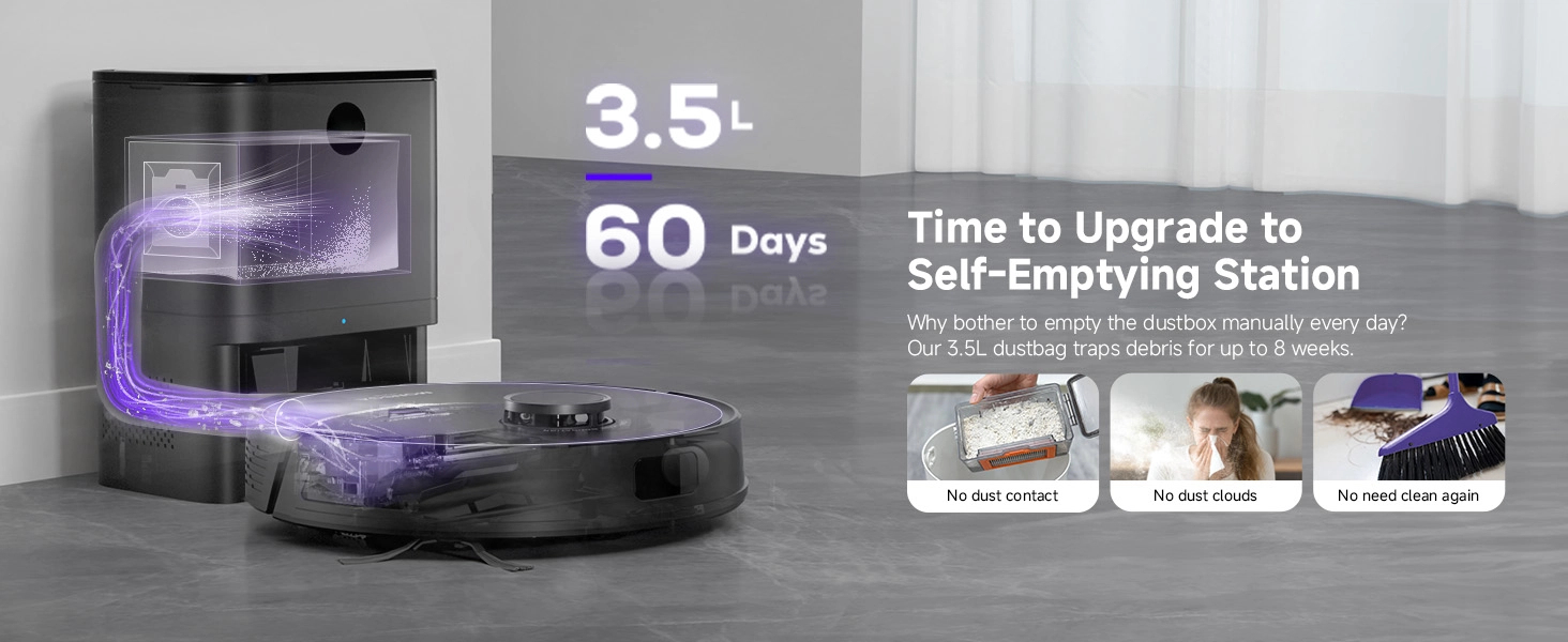Text reads '3.5L', '60 Days', 'Time to Upgrade to Self-emptying Station'. Shows device with purple lighting effects in multiple views.