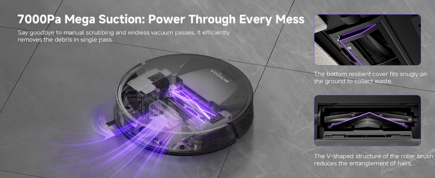Text reads '7000Pa Mega Suction Power Through Every Mess'. Robotic vacuum cleaner demonstration showing purple illuminated cleaning path on dark surface.